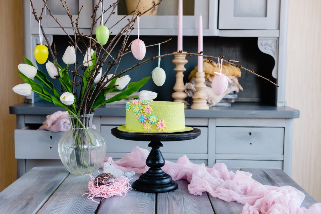 A beautiful Easter cake, decorated with colorful flowers